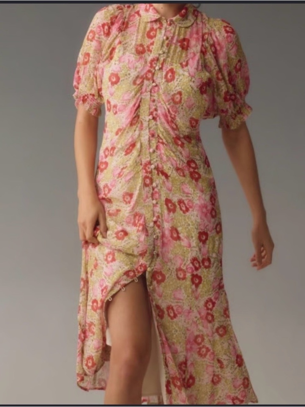 Anthropologie Floral Puff Sleeve Button Front Midi Dress Cottagecore Boho